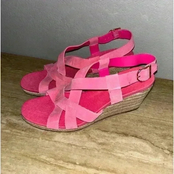 NEW Cole Haan CRYSTAL WEDGE Pink Fuschia Suede Sandals - Picture 2 of 11